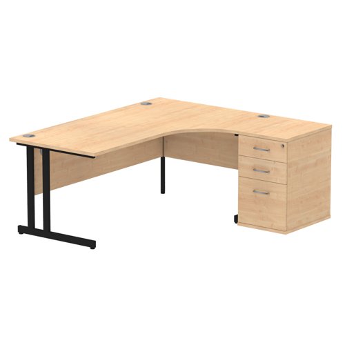 Impulse 1800mm Right Crescent Office Desk Maple Top Black Cantilever Leg Workstation 600 Deep Desk High Pedestal