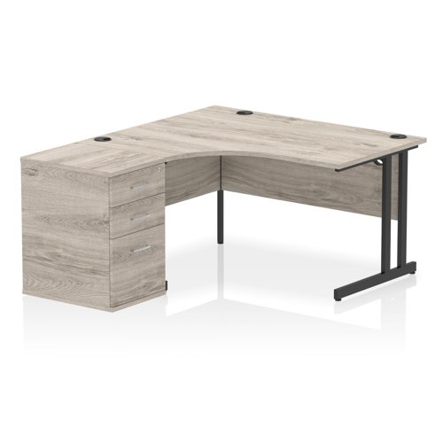 Impulse 1400mm Left Crescent Office Desk Grey Oak Top Black Cantilever Leg Workstation 600 Deep Desk High Pedestal