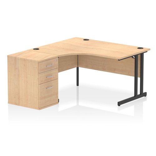 Impulse 1400mm Left Crescent Office Desk Maple Top Black Cantilever Leg Workstation 600 Deep Desk High Pedestal