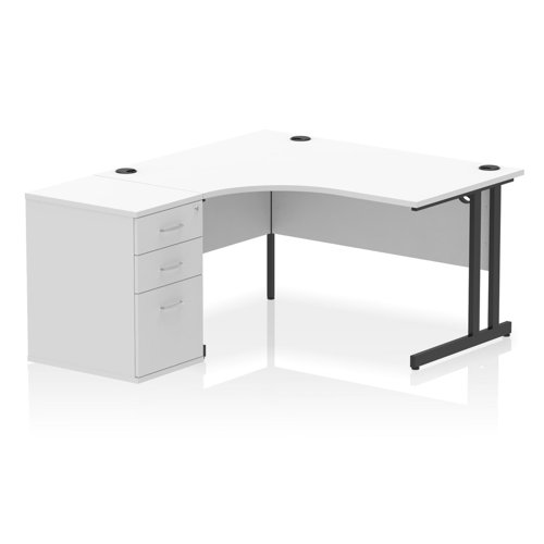 Impulse 1400mm Left Crescent Office Desk White Top Black Cantilever Leg Workstation 600 Deep Desk High Pedestal