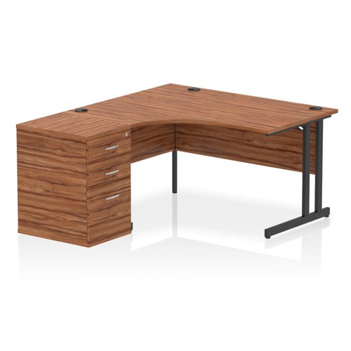 Impulse 1400mm Left Crescent Office Desk Walnut Top Black Cantilever Leg Workstation 600 Deep Desk High Pedestal