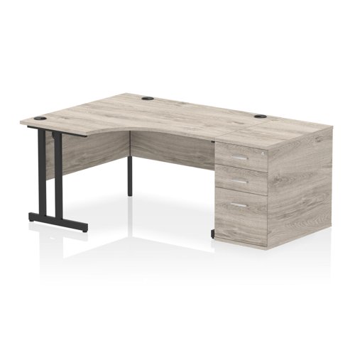 Impulse 1400mm Left Crescent Office Desk Grey Oak Top Black Cantilever Leg Workstation 800 Deep Desk High Pedestal