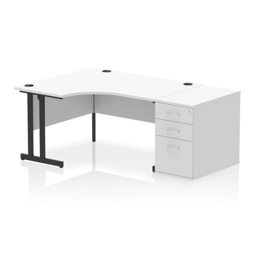 Impulse 1400mm Left Crescent Office Desk White Top Black Cantilever Leg Workstation 800 Deep Desk High Pedestal