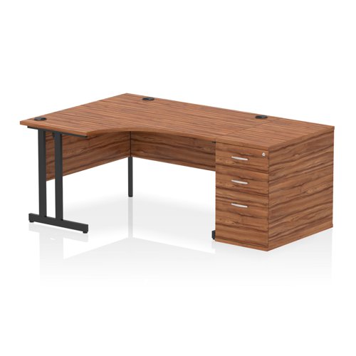 Impulse 1400mm Left Crescent Office Desk Walnut Top Black Cantilever Leg Workstation 800 Deep Desk High Pedestal