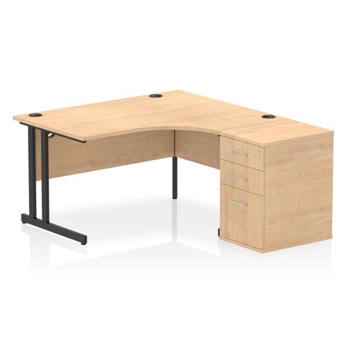 Impulse 1400mm Right Crescent Office Desk Maple Top Black Cantilever Leg Workstation 600 Deep Desk High Pedestal