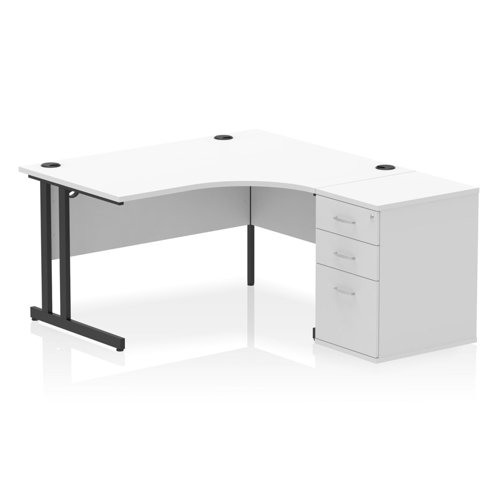 Impulse 1400mm Right Crescent Office Desk White Top Black Cantilever Leg Workstation 600 Deep Desk High Pedestal