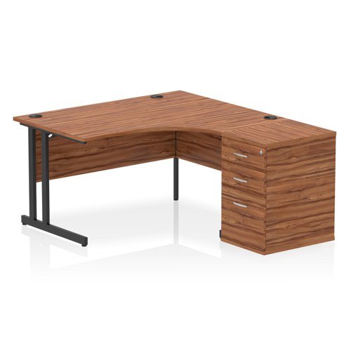 Impulse 1400mm Right Crescent Office Desk Walnut Top Black Cantilever Leg Workstation 600 Deep Desk High Pedestal