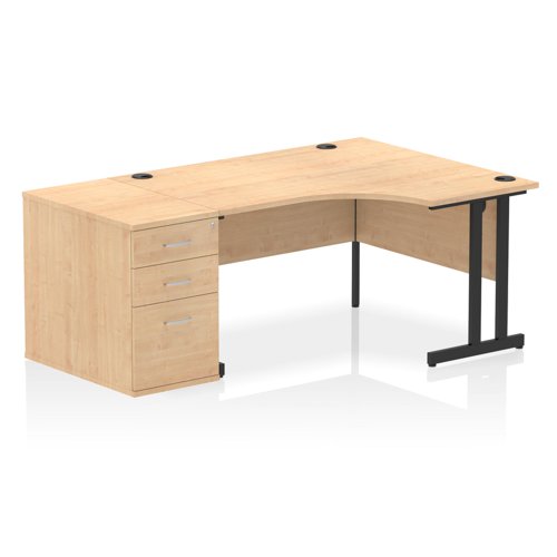 Impulse 1400mm Right Crescent Office Desk Maple Top Black Cantilever Leg Workstation 800 Deep Desk High Pedestal