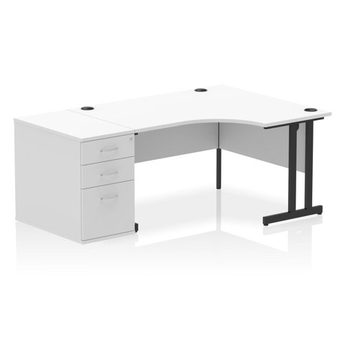 Impulse 1400mm Right Crescent Office Desk White Top Black Cantilever Leg Workstation 800 Deep Desk High Pedestal