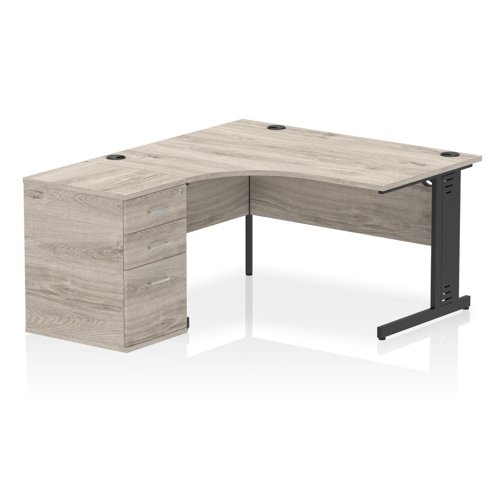 Impulse 1400mm Left Crescent Office Desk Grey Oak Top Black Cable Managed Leg Workstation 600 Deep Desk High Pedestal