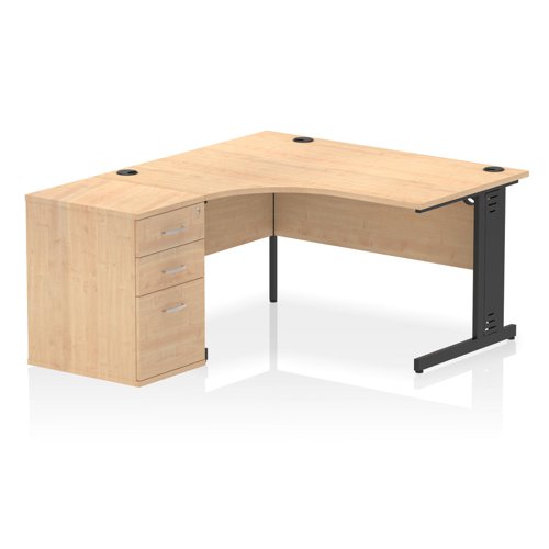 Impulse 1400mm Left Crescent Office Desk Maple Top Black Cable Managed Leg Workstation 600 Deep Desk High Pedestal