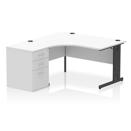 Impulse 1400mm Left Crescent Office Desk White Top Black Cable Managed Leg Workstation 600 Deep Desk High Pedestal