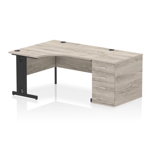 Impulse 1400mm Left Crescent Office Desk Grey Oak Top Black Cable Managed Leg Workstation 800 Deep Desk High Pedestal