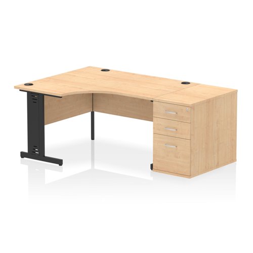 Impulse 1400mm Left Crescent Office Desk Maple Top Black Cable Managed Leg Workstation 800 Deep Desk High Pedestal