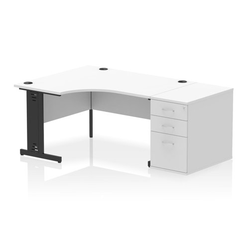 Impulse 1400mm Left Crescent Office Desk White Top Black Cable Managed Leg Workstation 800 Deep Desk High Pedestal