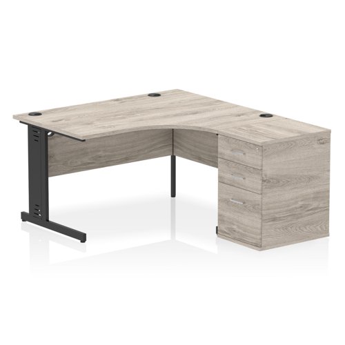 Impulse 1400mm Right Crescent Office Desk Grey Oak Top Black Cable Managed Leg Workstation 600 Deep Desk High Pedestal