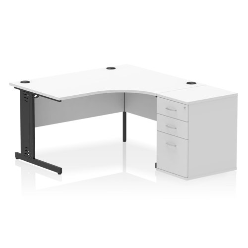 Impulse 1400mm Right Crescent Office Desk White Top Black Cable Managed Leg Workstation 600 Deep Desk High Pedestal