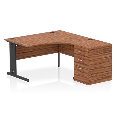 Impulse 1400mm Right Crescent Office Desk Walnut Top Black Cable Managed Leg Workstation 600 Deep Desk High Pedestal