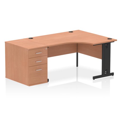 Impulse 1400mm Right Crescent Office Desk Beech Top Black Cable Managed Leg Workstation 800 Deep Desk High Pedestal
