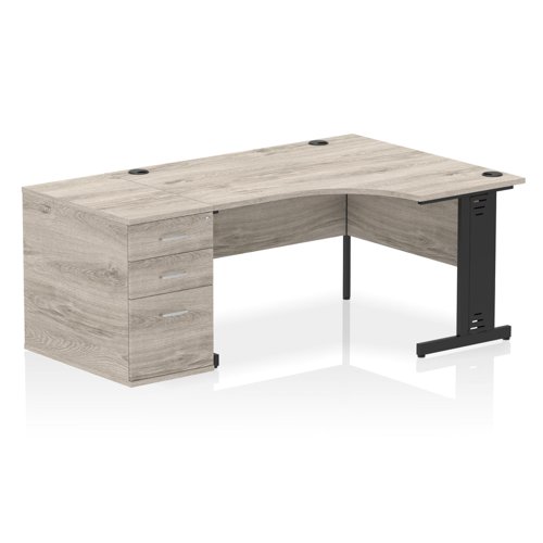 Impulse 1400mm Right Crescent Office Desk Grey Oak Top Black Cable Managed Leg Workstation 800 Deep Desk High Pedestal