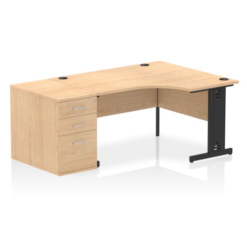Impulse 1400mm Right Crescent Office Desk Maple Top Black Cable Managed Leg Workstation 800 Deep Desk High Pedestal