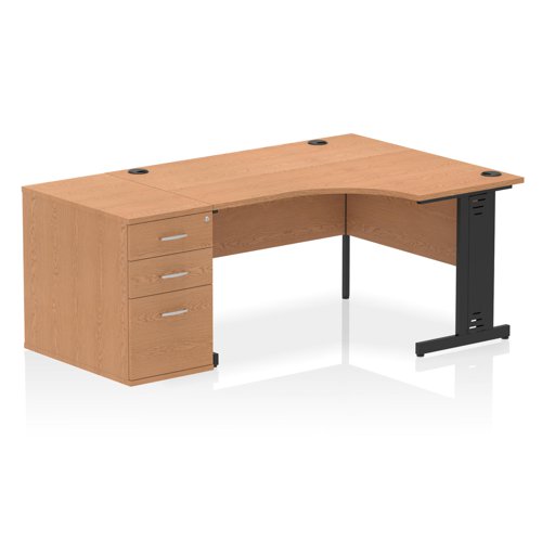 Impulse 1400mm Right Crescent Office Desk Oak Top Black Cable Managed Leg Workstation 800 Deep Desk High Pedestal