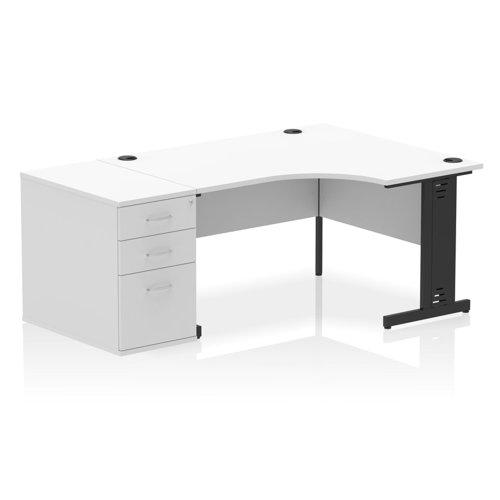 Impulse 1400mm Right Crescent Office Desk White Top Black Cable Managed Leg Workstation 800 Deep Desk High Pedestal