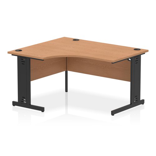 Impulse Left Crescent Office Desk W1400 x D1200 x H730mm Cable Managed Leg Oak Finish Black Frame - I004564