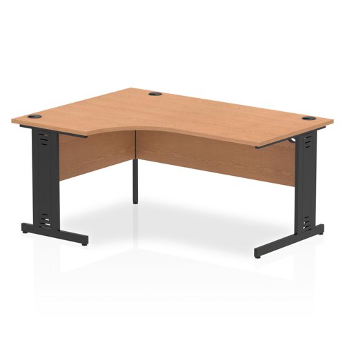 Impulse Left Crescent Office Desk W1600 x D1200 x H730mm Cable Managed Leg Oak Finish Black Frame - I004566