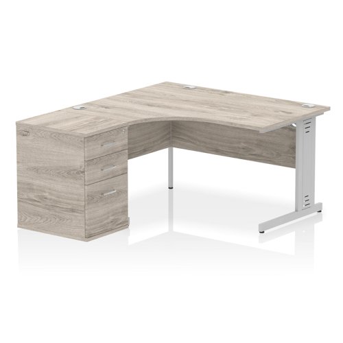 Impulse 1400mm Left Crescent Office Desk Grey Oak Top Silver Cable Managed Leg Workstation 600 Deep Desk High Pedestal