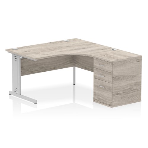 Impulse 1400mm Right Crescent Office Desk Grey Oak Top Silver Cable Managed Leg Workstation 600 Deep Desk High Pedestal