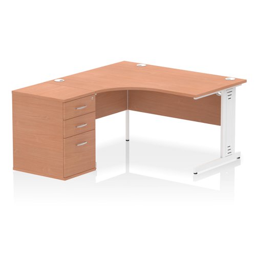 Impulse 1400mm Left Crescent Office Desk Beech Top White Cable Managed Leg Workstation 600 Deep Desk High Pedestal