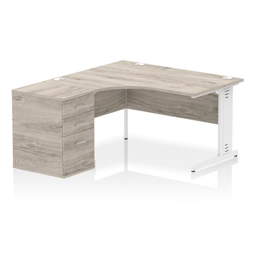 Impulse 1400mm Left Crescent Office Desk Grey Oak Top White Cable Managed Leg Workstation 600 Deep Desk High Pedestal