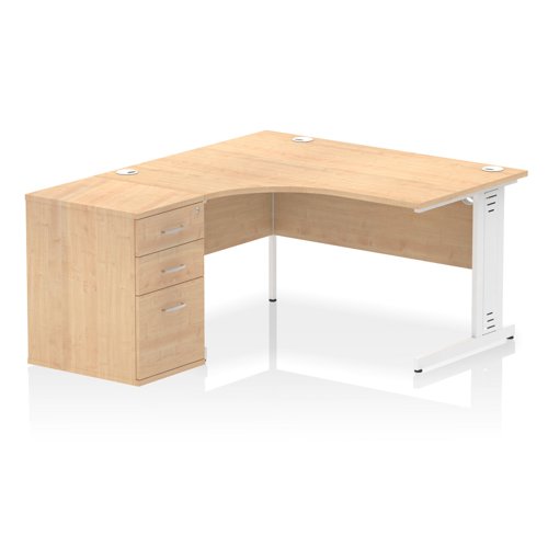 Impulse 1400mm Left Crescent Office Desk Maple Top White Cable Managed Leg Workstation 600 Deep Desk High Pedestal