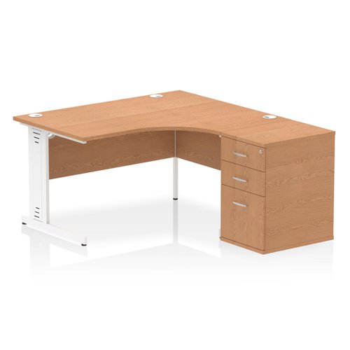 Impulse 1400mm Right Crescent Office Desk Oak Top White Cable Managed Leg Workstation 600 Deep Desk High Pedestal