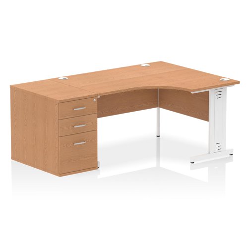 Impulse 1400mm Right Crescent Office Desk Oak Top White Cable Managed Leg Workstation 800 Deep Desk High Pedestal