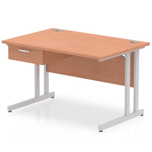Impulse 1200 x 800mm Straight Office Desk Beech Top Silver Cantilever Leg Workstation 1 x 1 Drawer Fixed Pedestal