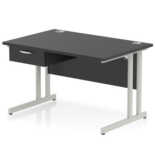 Impulse 1200 x 800mm Straight Office Desk Black Top Silver Cantilever Leg Workstation 1 x 1 Drawer Fixed Pedestal