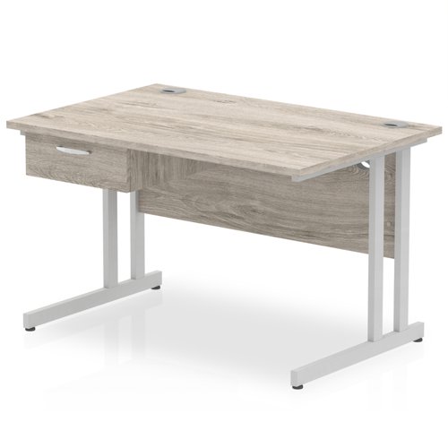 Impulse 1200 x 800mm Straight Office Desk Grey Oak Top Silver Cantilever Leg Workstation 1 x 1 Drawer Fixed Pedestal