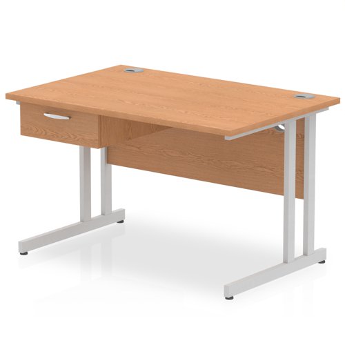 Impulse 1200 x 800mm Straight Office Desk Oak Top Silver Cantilever Leg Workstation 1 x 1 Drawer Fixed Pedestal