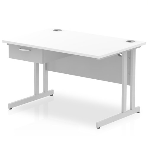 Impulse 1200 x 800mm Straight Office Desk White Top Silver Cantilever Leg Workstation 1 x 1 Drawer Fixed Pedestal