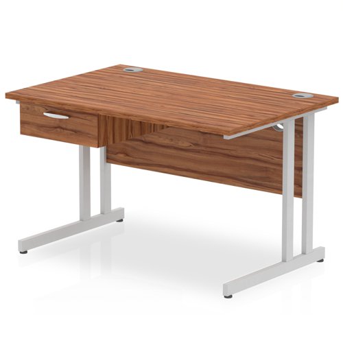 Impulse 1200 x 800mm Straight Office Desk Walnut Top Silver Cantilever Leg Workstation 1 x 1 Drawer Fixed Pedestal