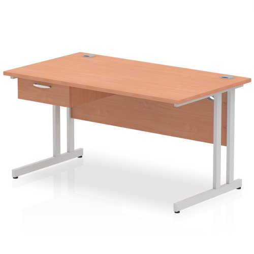 Impulse 1400 x 800mm Straight Office Desk Beech Top Silver Cantilever Leg Workstation 1 x 1 Drawer Fixed Pedestal