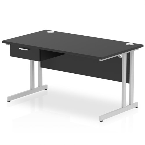 Impulse 1400 x 800mm Straight Office Desk Black Top Silver Cantilever Leg Workstation 1 x 1 Drawer Fixed Pedestal