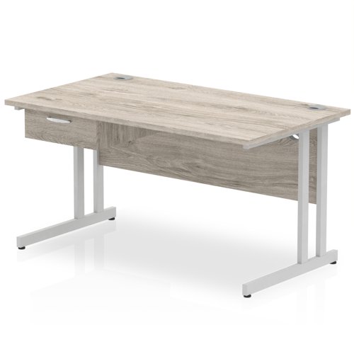 Impulse 1400 x 800mm Straight Office Desk Grey Oak Top Silver Cantilever Leg Workstation 1 x 1 Drawer Fixed Pedestal