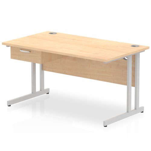 Impulse 1400 x 800mm Straight Office Desk Maple Top Silver Cantilever Leg Workstation 1 x 1 Drawer Fixed Pedestal