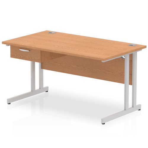 Impulse 1400 x 800mm Straight Office Desk Oak Top Silver Cantilever Leg Workstation 1 x 1 Drawer Fixed Pedestal