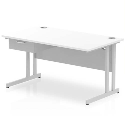 Impulse 1400 x 800mm Straight Office Desk White Top Silver Cantilever Leg Workstation 1 x 1 Drawer Fixed Pedestal