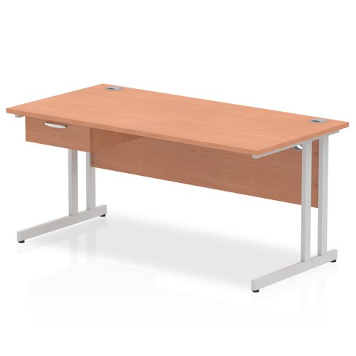 Impulse 1600 x 800mm Straight Office Desk Beech Top Silver Cantilever Leg Workstation 1 x 1 Drawer Fixed Pedestal