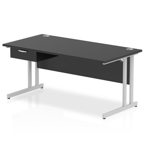 Impulse 1600 x 800mm Straight Office Desk Black Top Silver Cantilever Leg Workstation 1 x 1 Drawer Fixed Pedestal
